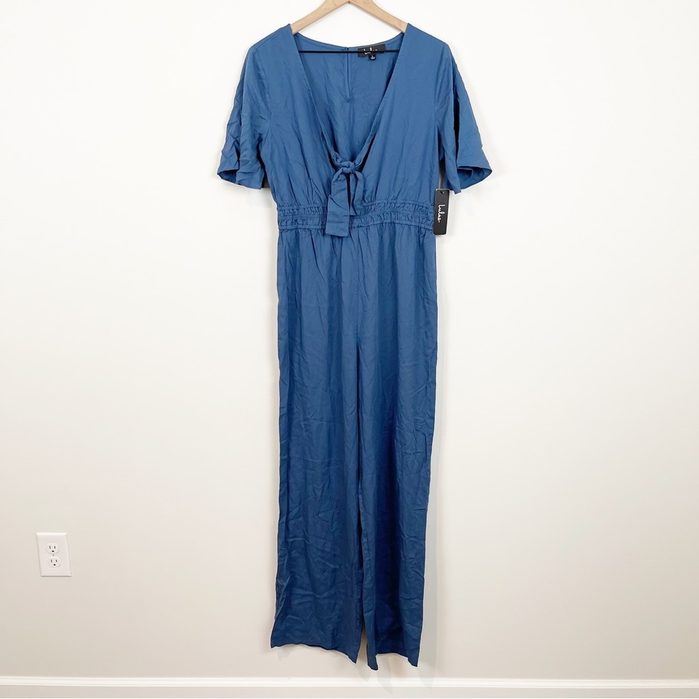 NWT Lulus Here To Love Denim Blue Tie-Front Jumpsuit Size L - Picture 6 of 14